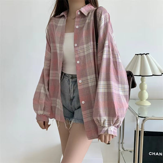 Oversized Plaid Tartan Collard Button Up Shirt for Women – Grunge Long Sleeve Button-Up Jacket