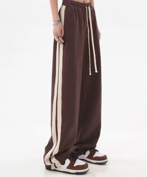 Women's Deep Grey High-Waisted Wide-Leg Sweatpants – Casual Side Slit Vintage Trousers